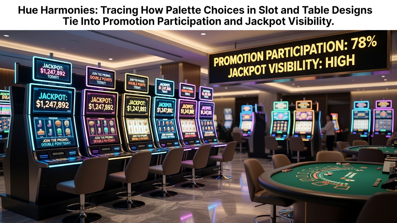 Detailed view of slot game interface palettes highlighting jackpot elements and promotional banners in coordinated color schemes
