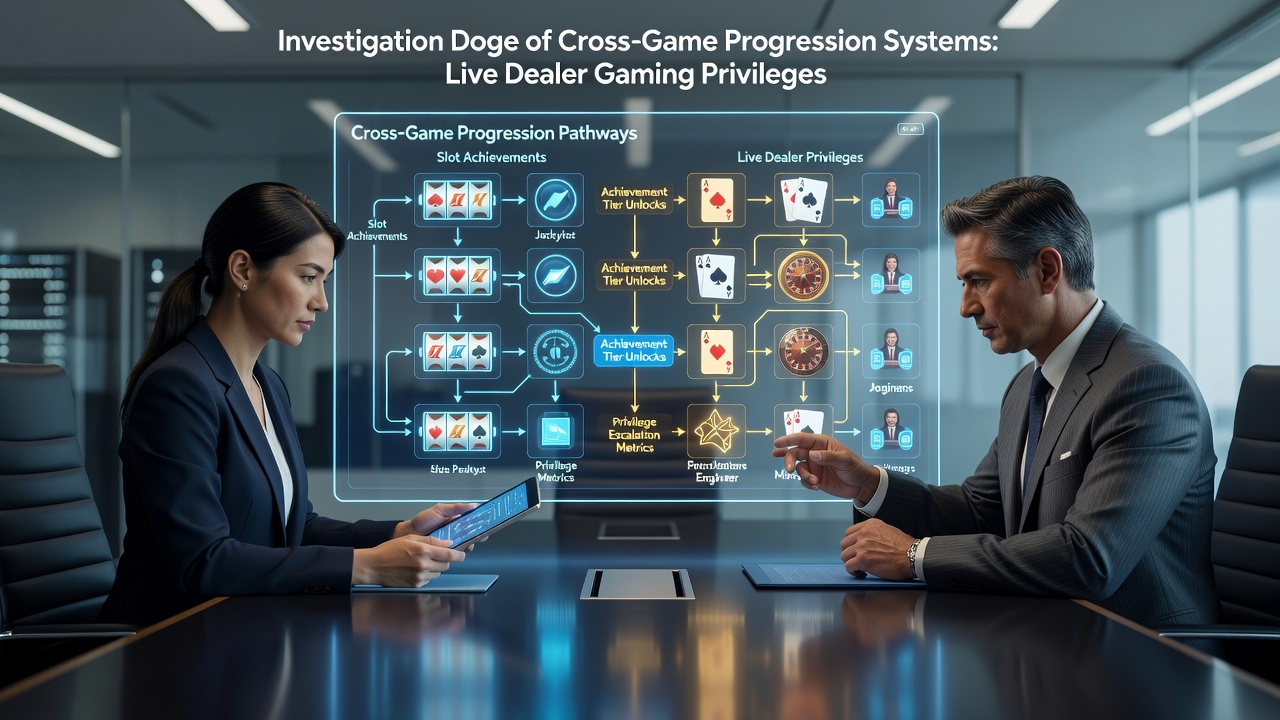 Diagram showing slot machine achievements feeding into live dealer table privileges through unified progression tracking