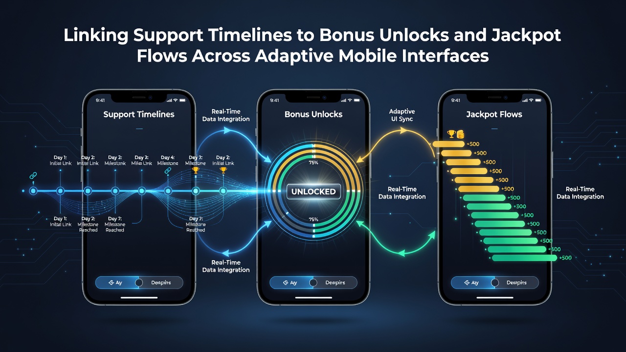 Mobile screen showing synchronized support timeline, bonus unlock status, and real-time jackpot flow updates