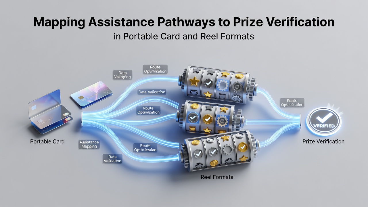 Diagram illustrating support pathways connecting mobile users to prize verification systems in card and reel gaming formats