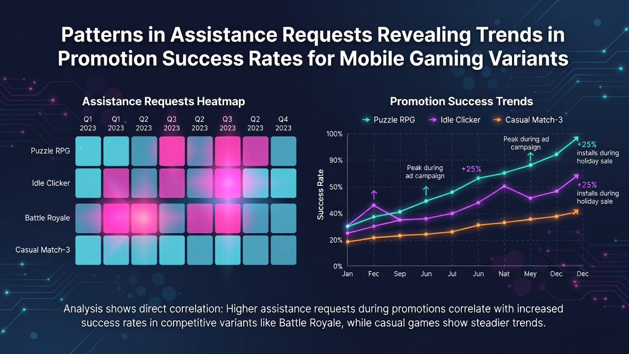 Analysis charts showing assistance request volumes tied to mobile game promotion outcomes across different variants