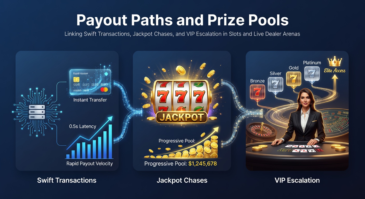 Dynamic visualization of interconnected payout paths, prize pools, and jackpot escalations in online slots and live dealer games, highlighting swift transaction flows and VIP tiers