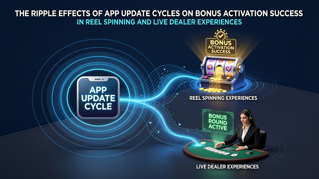 Mobile casino app interface showing reel spinning slots with bonus activation prompts during an update cycle