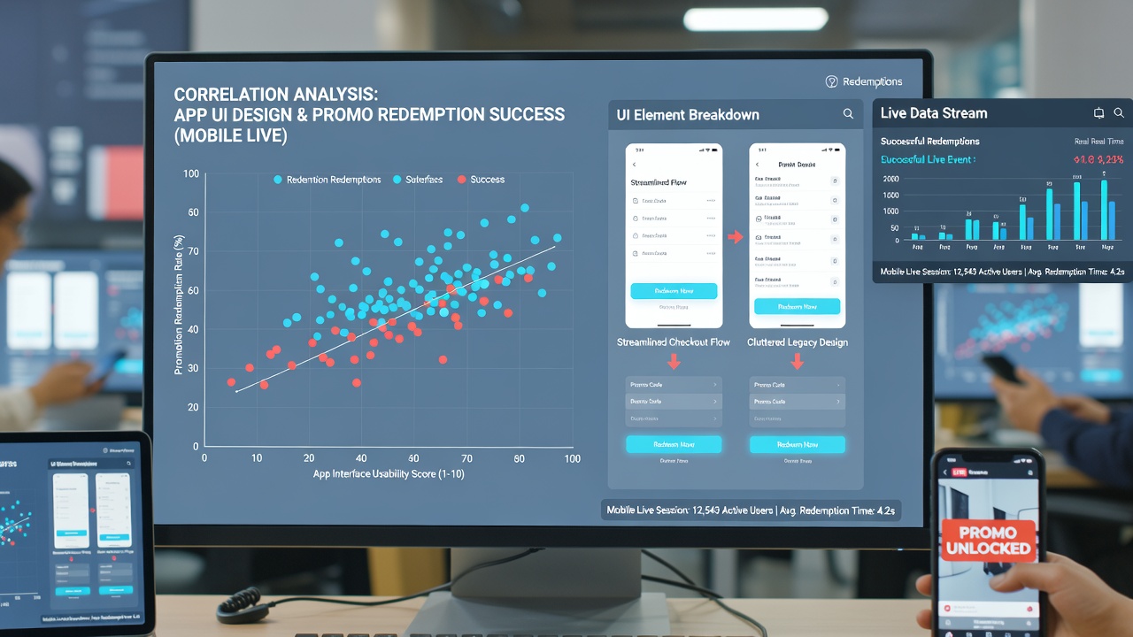 Graph displaying redemption success rates alongside interface design variations in mobile live dealer applications